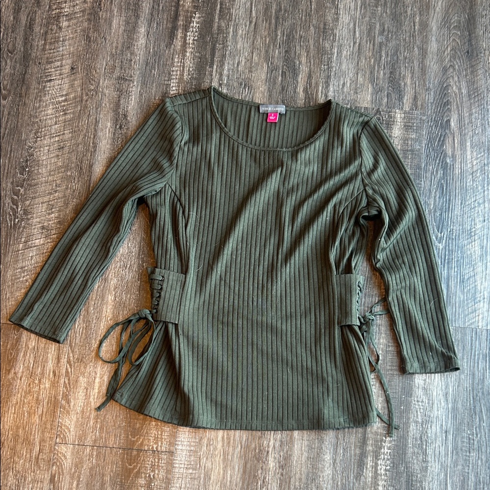 Vince Camuto Olive Ribbed Lace-Up Side Long Sleeve Top